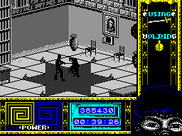 Ninja Remix (ZX Spectrum) screenshot: Showdown: <i>Kunitoki is trespassed</i>.<br> It's preferable not to lay down your weapons yet, not before every or almost every Oil lamp has been set alight.