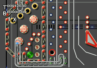 Virtual Pinball (Genesis) screenshot: Very busy; many power-ups and point opportunities