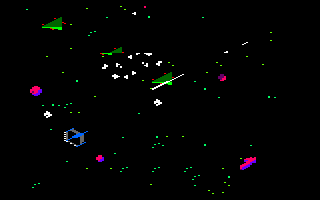 Sigma 7 (Amstrad CPC) screenshot: Stage I: Phase 1.<br> The initial armadas are very easy to destroy.