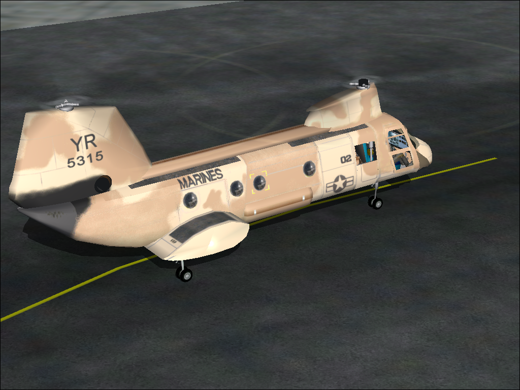 Military Collection (Windows) screenshot: CH-46E Sea Knight 'Phrog' - At Pendleton Marine Corps Base Camp, California. The helicopter type was retired in 2015.