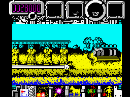 Hysteria (ZX Spectrum) screenshot: Level 1: Protohistory.<br> Last object found. Finally the "Primeval Entity" of this level was exposed. You have to destroy it to travel to another age.