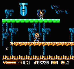 Mitsume ga Tōru (NES) screenshot: The ground you're on will collapse if you don't hurry