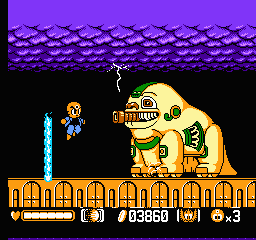 Mitsume ga Tōru (NES) screenshot: It's a tough fight