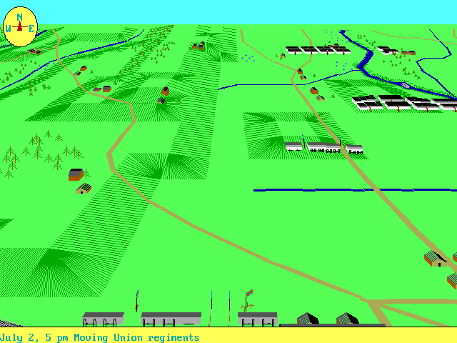 Gettysburg (DOS) screenshot: Here are some rebel cavalry regiments, and also mounted artillery with some of them. The horses are indicated by the white bottom segment on the troops block.