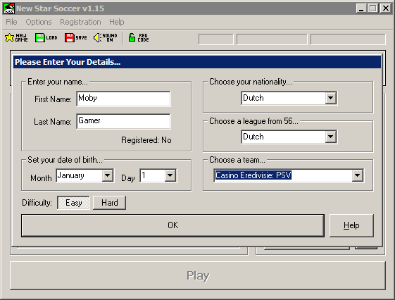 New Star Soccer (Windows) screenshot: Creating a new player.