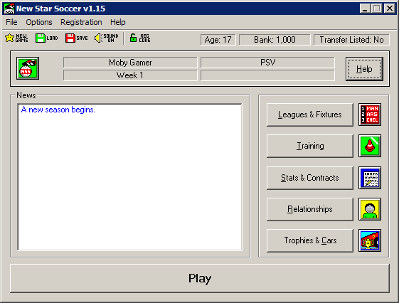 New Star Soccer (Windows) screenshot: The main screen.