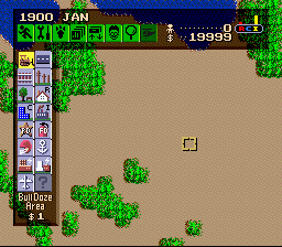 SimCity (SNES) screenshot: A new game starts with an unspoiled natural area. Humans won't leave it like that for long.