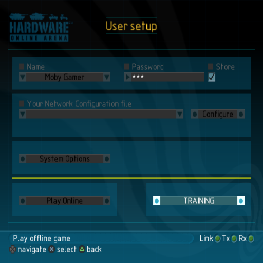 Hardware: Online Arena (PlayStation 2) screenshot: The game is primarily an on-line game but this is where the player gets to select an off-line training game