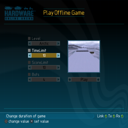 Hardware: Online Arena (PlayStation 2) screenshot: The training mission setup screen. Here the player can select the location and make the game as tough as they can handle