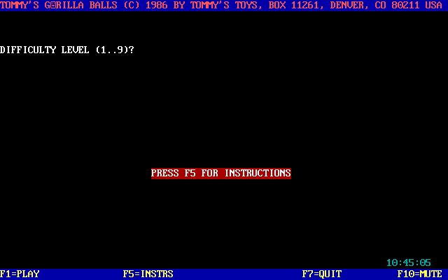 Tommy's Gorilla Balls (DOS) screenshot: Main menu.