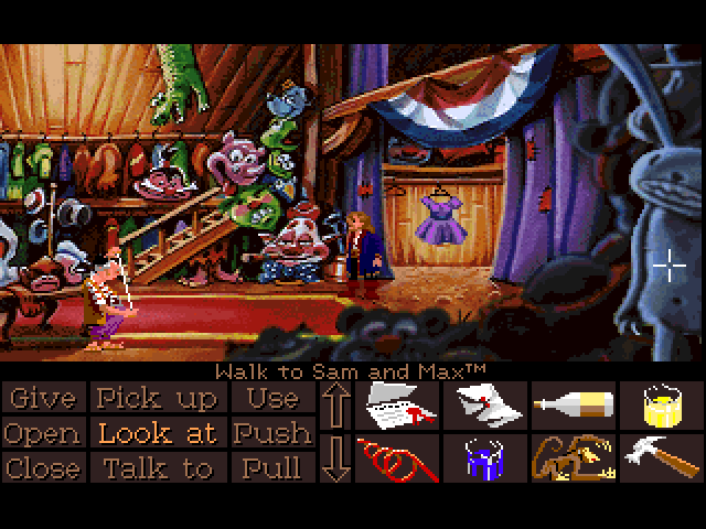 Monkey Island 2: LeChuck's Revenge (FM Towns) screenshot: At the costume shop, there's a Sam and Max costume here, there's also Huckleberry Hound and Fred Flintstone costumes