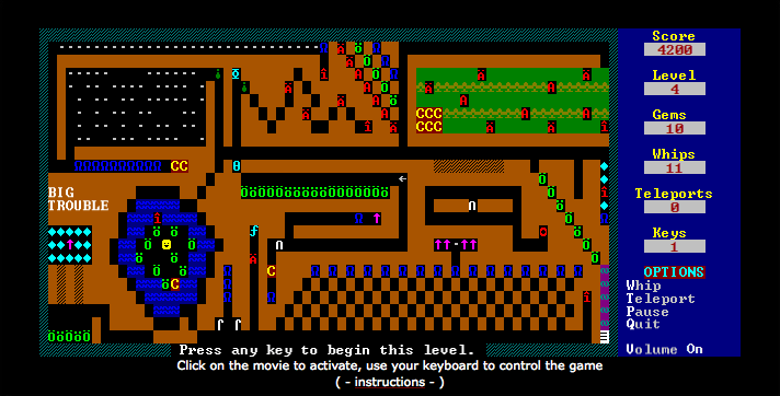 Kingdom of Kroz II (Browser) screenshot: Level 4