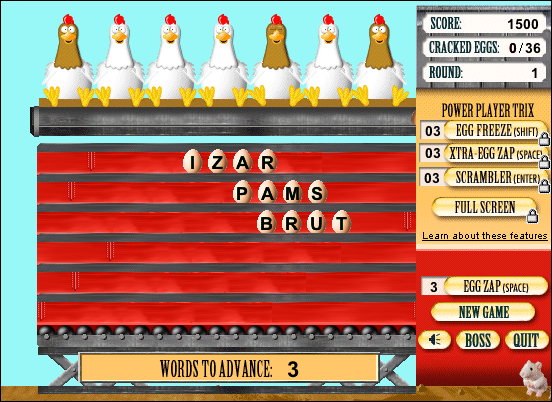 Fowl Words 2: Trouble at the Chicken Ranch! (Windows) screenshot: Typing in the words exactly like displayed.. before the eggs reach the left (open) side