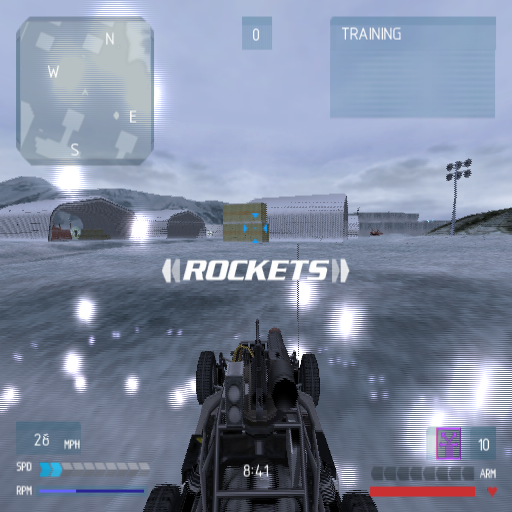 Hardware: Online Arena (PlayStation 2) screenshot: The game begins<br>This jeep is armed with machine guns but can pick up other weapons by driving through the icons. Health boosts are collected in the same way