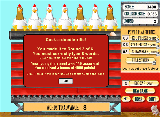 Fowl Words 2: Trouble at the Chicken Ranch! (Windows) screenshot: Completed the level with 96% accurancy