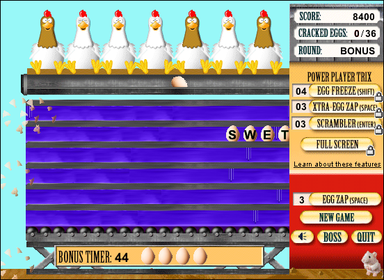 Fowl Words 2: Trouble at the Chicken Ranch! (Windows) screenshot: Bonus round! You have to unscamble the words first.