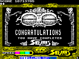 Side Arms Hyper Dyne (ZX Spectrum) screenshot: Congratulations... ue...<br> By the way, this picture is present on a level in the arcade version and has nothing to do with the ending. I bet it was inspired by <i>Dogū statuettes</i>.