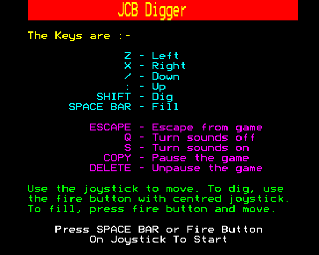 JCB Digger (BBC Micro) screenshot: Controls