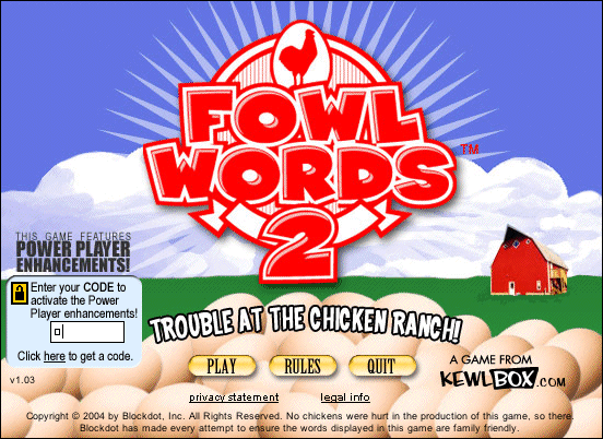 Fowl Words 2: Trouble at the Chicken Ranch! (Windows) screenshot: Title screen / main menu