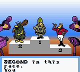 Wacky Races (Game Boy Color) screenshot: Winners of the race...you as The Slag Brothers on the 2nd place...