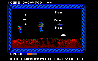 Side Arms Hyper Dyne (Amstrad CPC) screenshot: Level 1: Bonus.<br> "Pows" give you an upgrade for your weaponry.