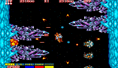 Side Arms Hyper Dyne (Arcade) screenshot: Level 3: Crystals and Ice.<br> A lateral turret was destroyed.