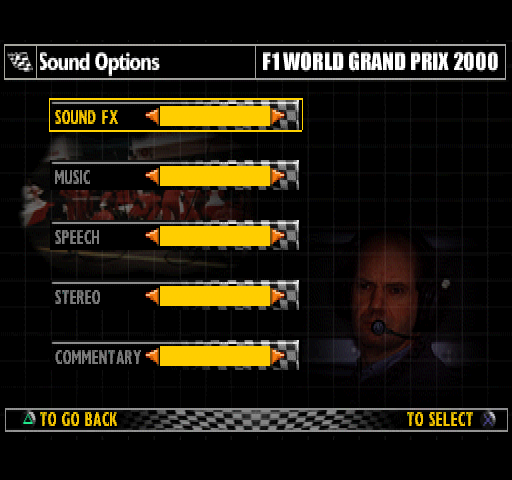 F1 World Grand Prix (PlayStation) screenshot: Sound Options.
