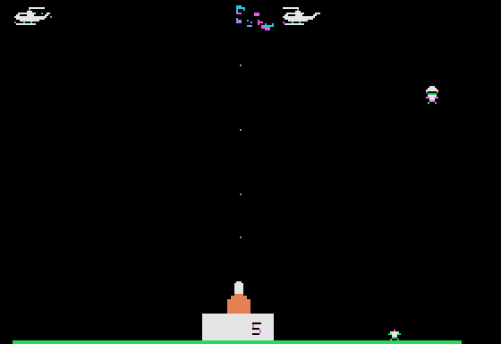 Sabotage (Apple II) screenshot: Ooops! Missed one paratrooper.