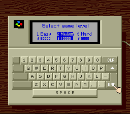 SimCity (SNES) screenshot: Difficulty selection screen, followed immediately by naming the player's new town.