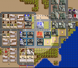 SimCity (SNES) screenshot: The spotlight tool can be used to find out the development of each building.