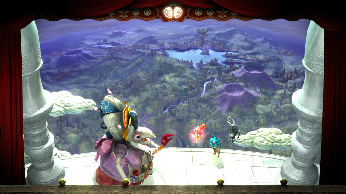 Puppeteer (PlayStation 3) screenshot: The Witch and the gang on top of the Wax Castle