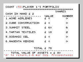 Tycoon/Pelmanism (Tatung Einstein) screenshot: Portfolio (Tycoon)