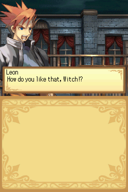 Luminous Arc (Nintendo DS) screenshot: Leon, one of the Witch hunters belonging to the "Garden Children", revels in his success.