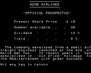 Tycoon/Pelmanism (NewBrain) screenshot: Company prospectus (Tycoon)