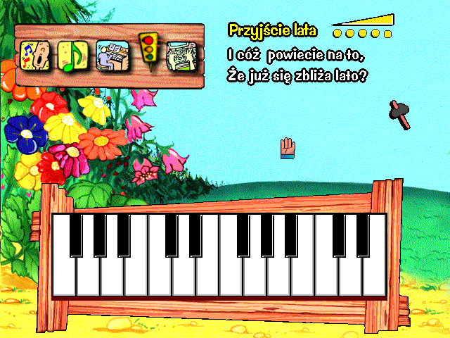 Multimedialny Świat Jana Brzechwy (Windows) screenshot: A song for the poem "Przyjście lata". You can also try and play your own music on the interactive keyboard