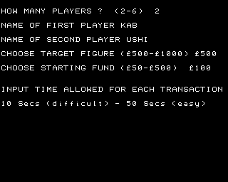 Tycoon/Pelmanism (NewBrain) screenshot: Options (Tycoon)