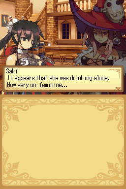 Luminous Arc (Nintendo DS) screenshot: Saki accurately deduces what Vanessa the Witch is doing at the bar.
