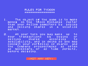 Tycoon/Pelmanism (Tatung Einstein) screenshot: Rules (Tycoon)