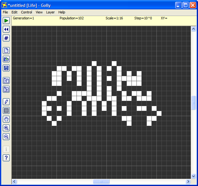 Golly (Windows) screenshot: A user-created pattern, 1 generation later.