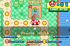 Mario Party Advance (Game Boy Advance) screenshot: When you reach a house you can either enter it or move on to the next.