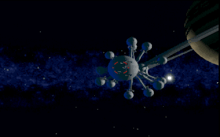 Creature Shock (DOS) screenshot: The colony ship Amazon journeys into the unknown (from the intro)