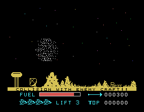 Parsec (TI-99/4A) screenshot: Collision with Enemy Craft!!!