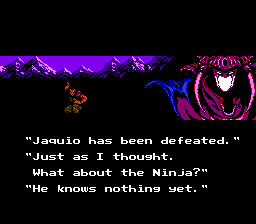 Ninja Gaiden II: The Dark Sword of Chaos (NES) screenshot: Opening cinematic - Ashtar learns of Jaquio's defeat.