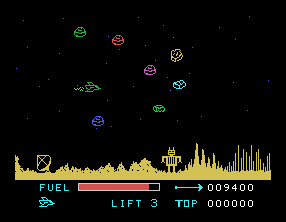 Parsec (TI-99/4A) screenshot: Navigating an Asteroid Field
