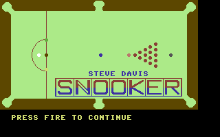 Steve Davis Snooker (Commodore 64) screenshot: Press fire to continue.