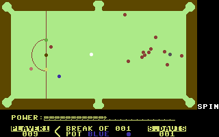 Steve Davis Snooker (Commodore 64) screenshot: Setting the power for this shot.