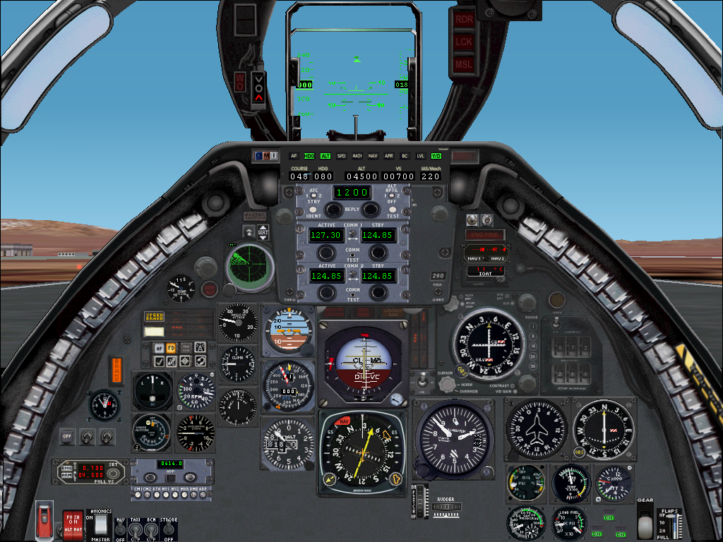 Military Collection (Windows) screenshot: A-7 Corsair II - The 2D cockpit panel, large and blocking the forward view. No side panels, only forward view.