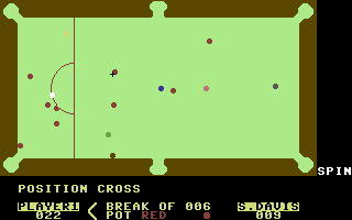 Steve Davis Snooker (Commodore 64) screenshot: Positioning the cross for my next shot.