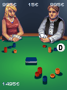 Texas Poker (J2ME) screenshot: The main game screen. The D-icon indicates the current dealer