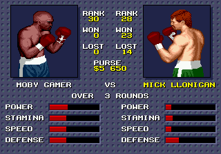 Evander Holyfield's "Real Deal" Boxing (Genesis) screenshot: Adversary selection screen. You can choose to fight with adversaries up to 2 positions above you in the ranking.